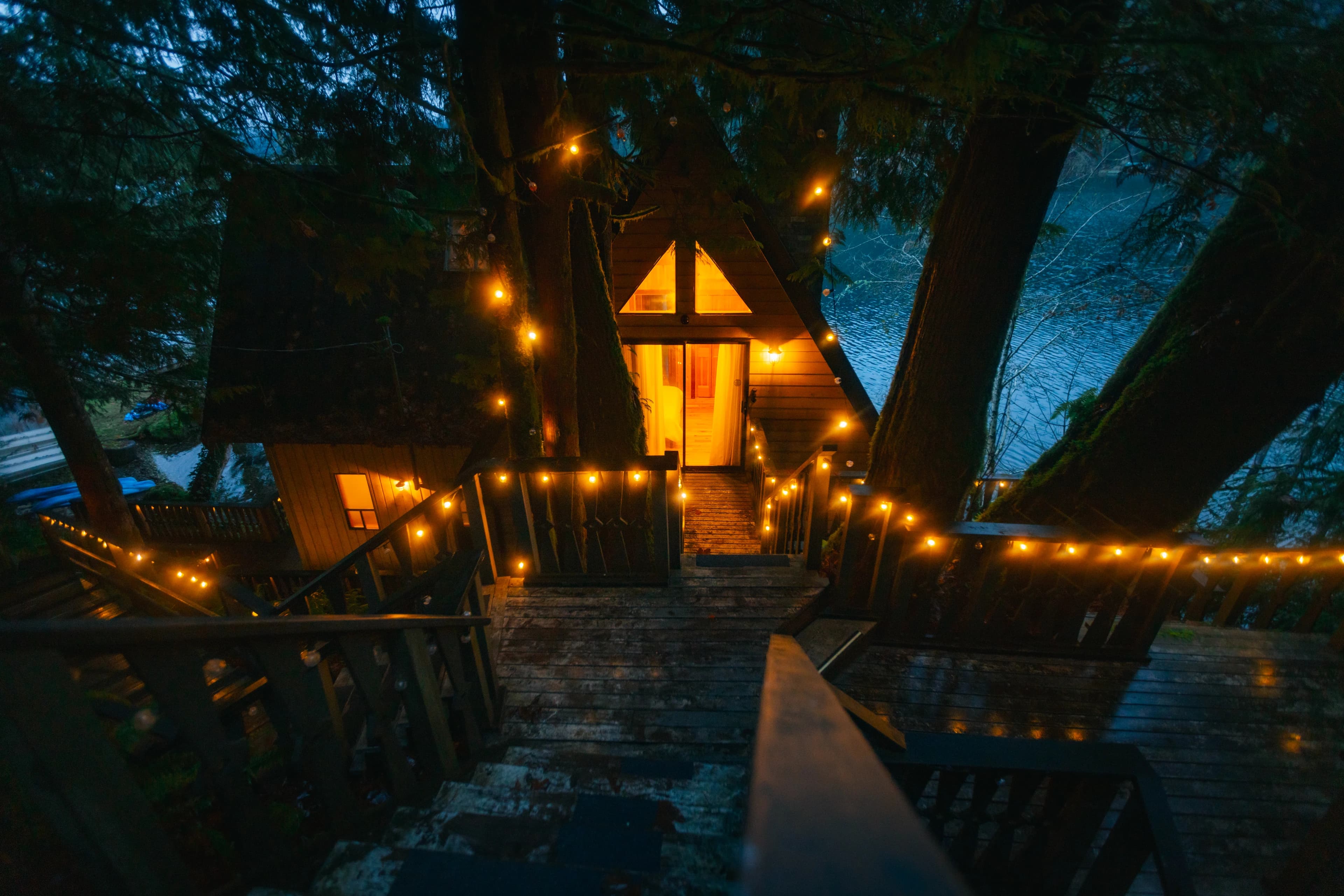 Blue Haven beside Lake Sutherland at dusk on the Olympic Peninsula