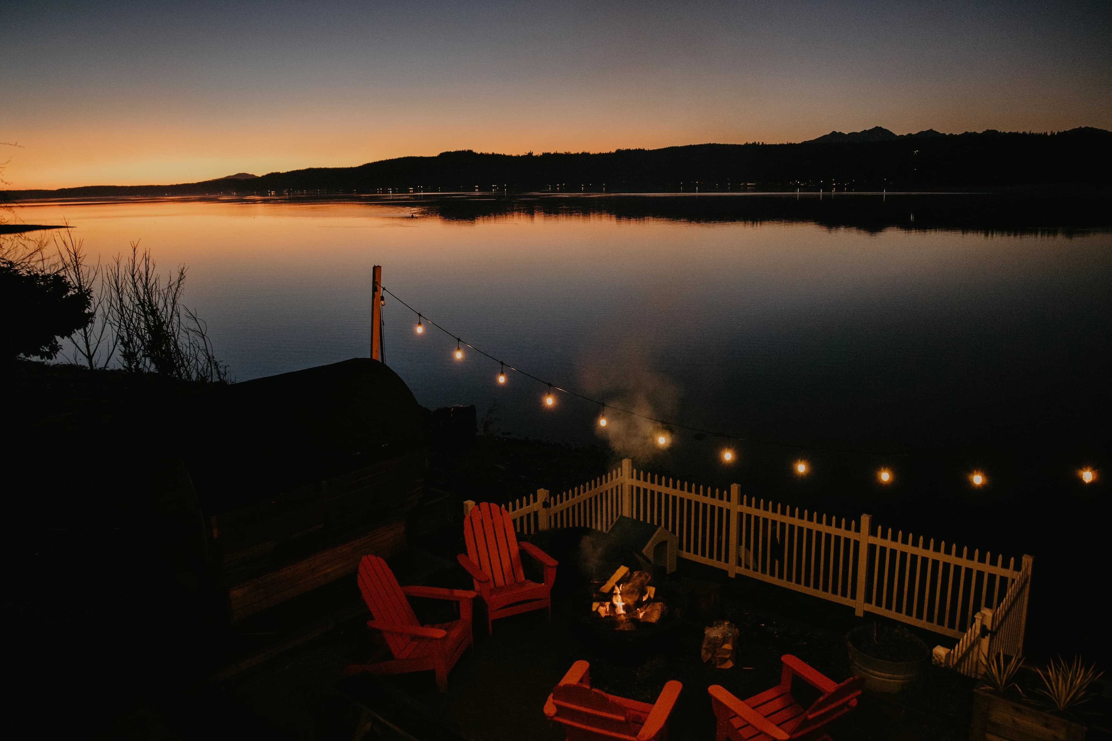 Fair Haven's firepit overlooking the Hood Canal waterfront in Belfair