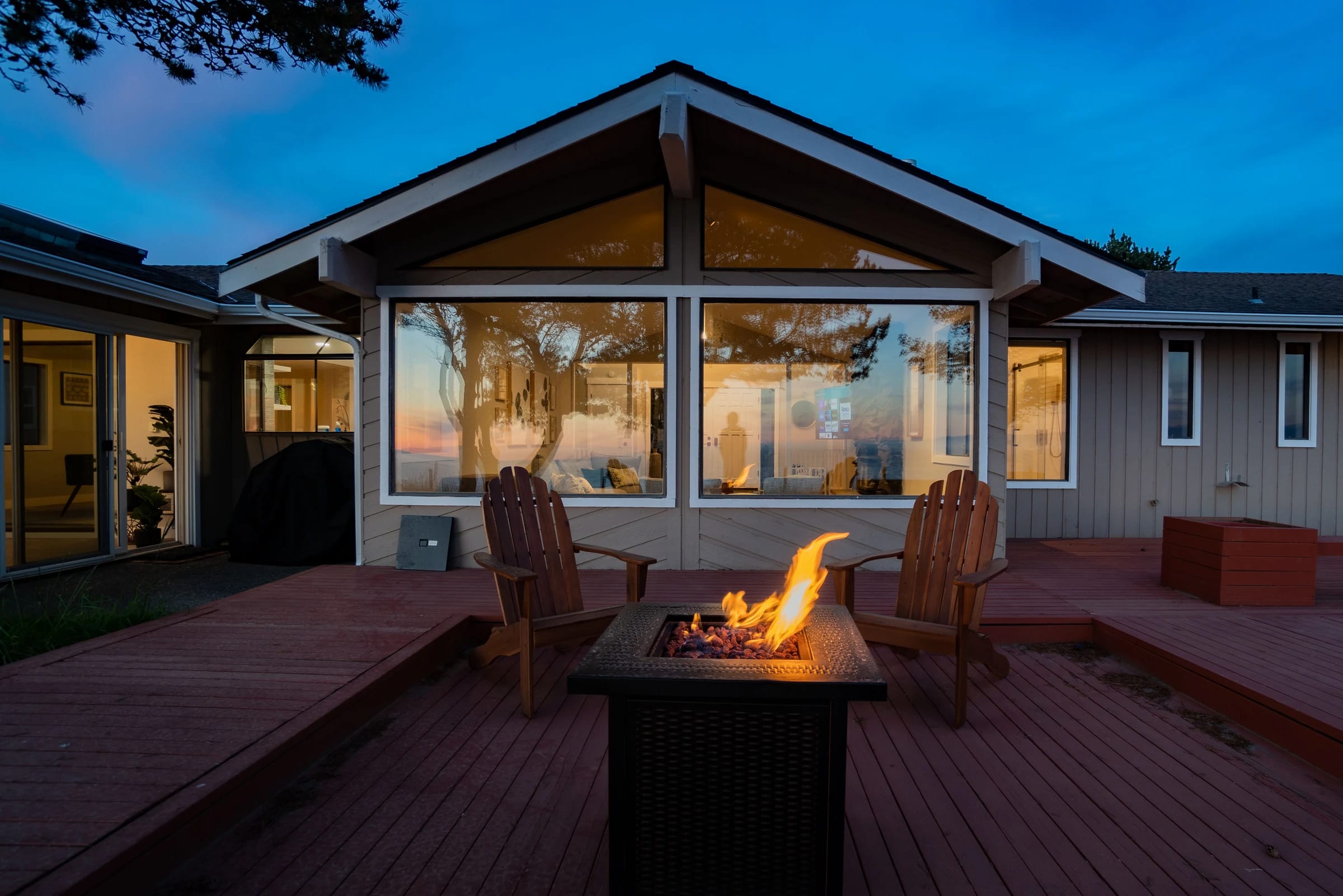 Warm evening light and the deck firepit at Sea-Renity Haven on Whidbey Island